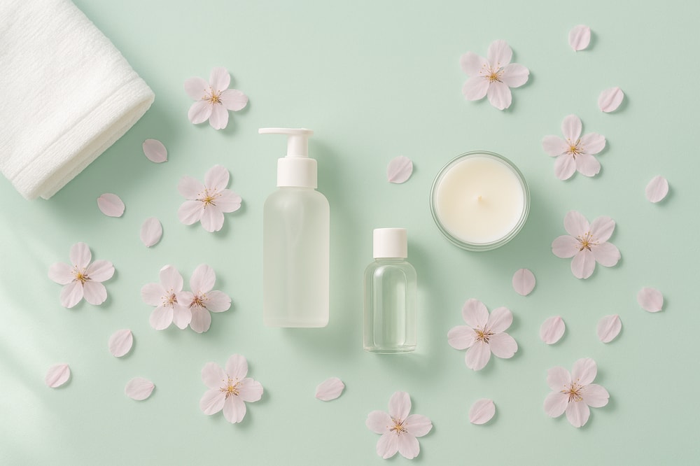 A bright spring-themed flat-lay on a pastel mint background featuring skincare bottles, a scented candle, and a folded cotton towel, with delicate cherry blossom petals scattered around. Soft natural window light from the left, faint shadows, minimal text space in the top center, styled in a clean, modern editorial photography aesthetic.