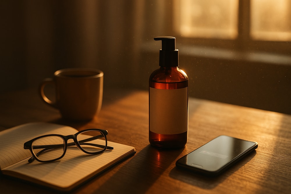 A cinematic still frame style image of a wooden table at golden hour, with a single hero product in focus surrounded by subtle narrative props coffee mug, open notebook, glasses, phone with a message notification. Soft dust in the air, window light streaming in, shallow depth of field, warm tones, evoking a calm yet ambitious lifestyle scene, hyperrealistic photography style.
