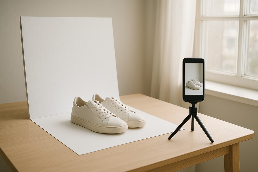 A cozy DIY home product photography setup in a bright room: a table near a large window with soft daylight streaming in, a pair of minimalist sneakers on a white background, a white foam board reflecting light on one side, and a simple smartphone on a tripod capturing the scene. Soft shadows, airy aesthetic, modern and realistic editorial style.