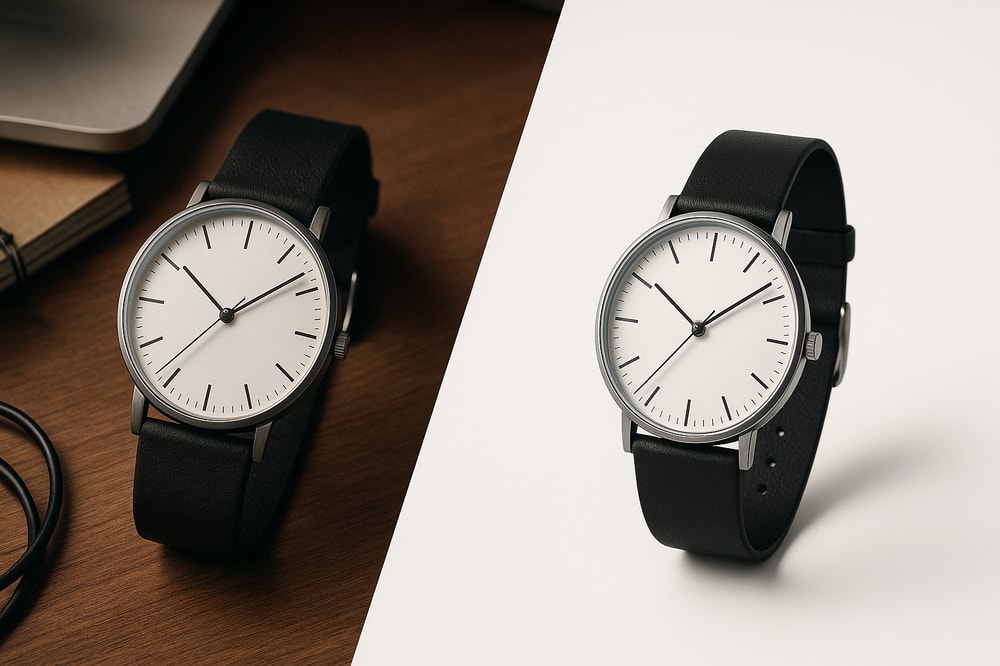 A minimalist, hyperrealistic scene of a watch photographed twice: on the left it sits on a cluttered wooden desk with cables and notebooks, on the right the same watch floats crisply on a perfect white background with soft studio shadows. A subtle diagonal split divides the two worlds, cinematic lighting, high detail, product-photography style