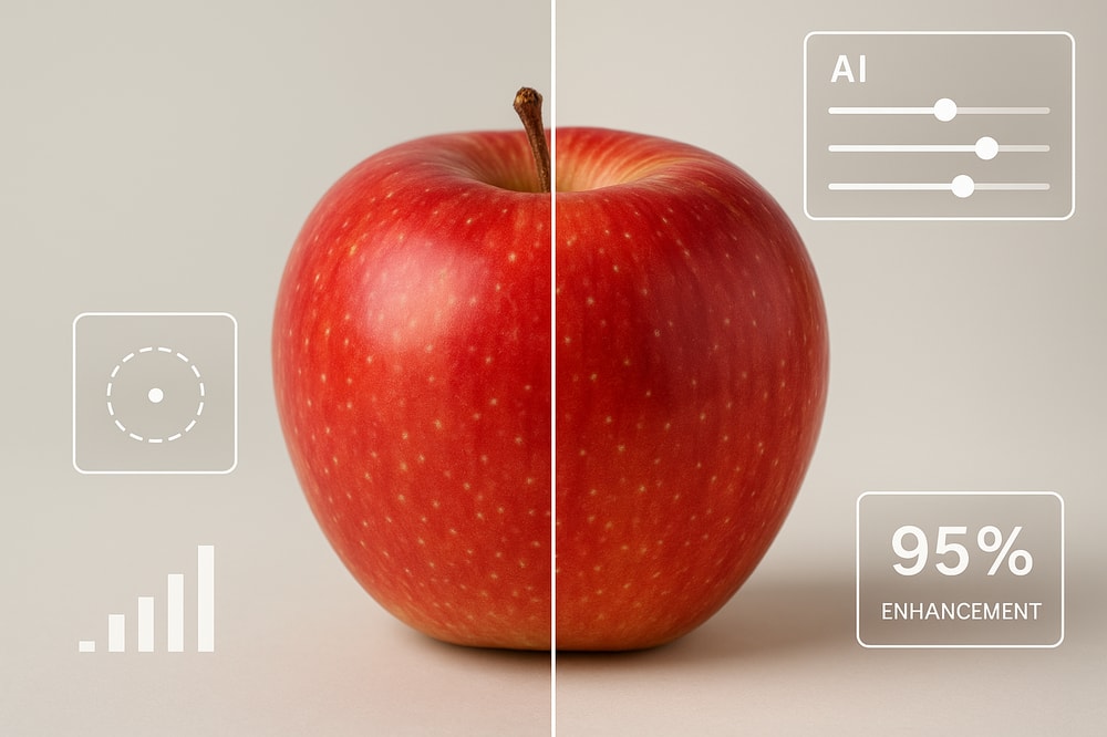 A split-screen close-up of a product photo transformation: on the left a dull, low-resolution ecommerce product shot with flat lighting, on the right a hyperrealistic, crisp, high-resolution version with vivid yet natural colors and soft studio lighting. Futuristic UI overlays show AI sliders and enhancement metrics floating around the image.