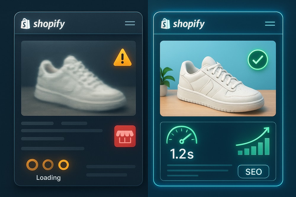 A split-screen hyperrealistic scene: on the left, a cluttered, slow-loading Shopify product page with blurry oversized images and warning speed icons; on the right, a clean modern interface with crisp lifestyle product photos, green speed metrics and SEO graphs rising. Neon accents, isometric UI panels, cyber-minimalist style, high detail, soft depth of field.