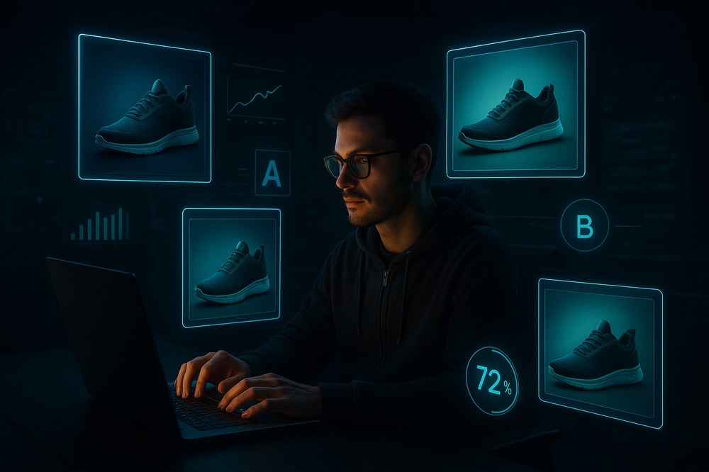 An online merchant in a dim, futuristic workspace surrounded by floating holographic product photos, each version slightly different in background, lighting, and framing. Data charts, split-test labels A and B, and glowing conversion rate percentages orbit around the images. The style is hyperrealistic with neon accents and cinematic contrast, evoking experimentation and optimization.