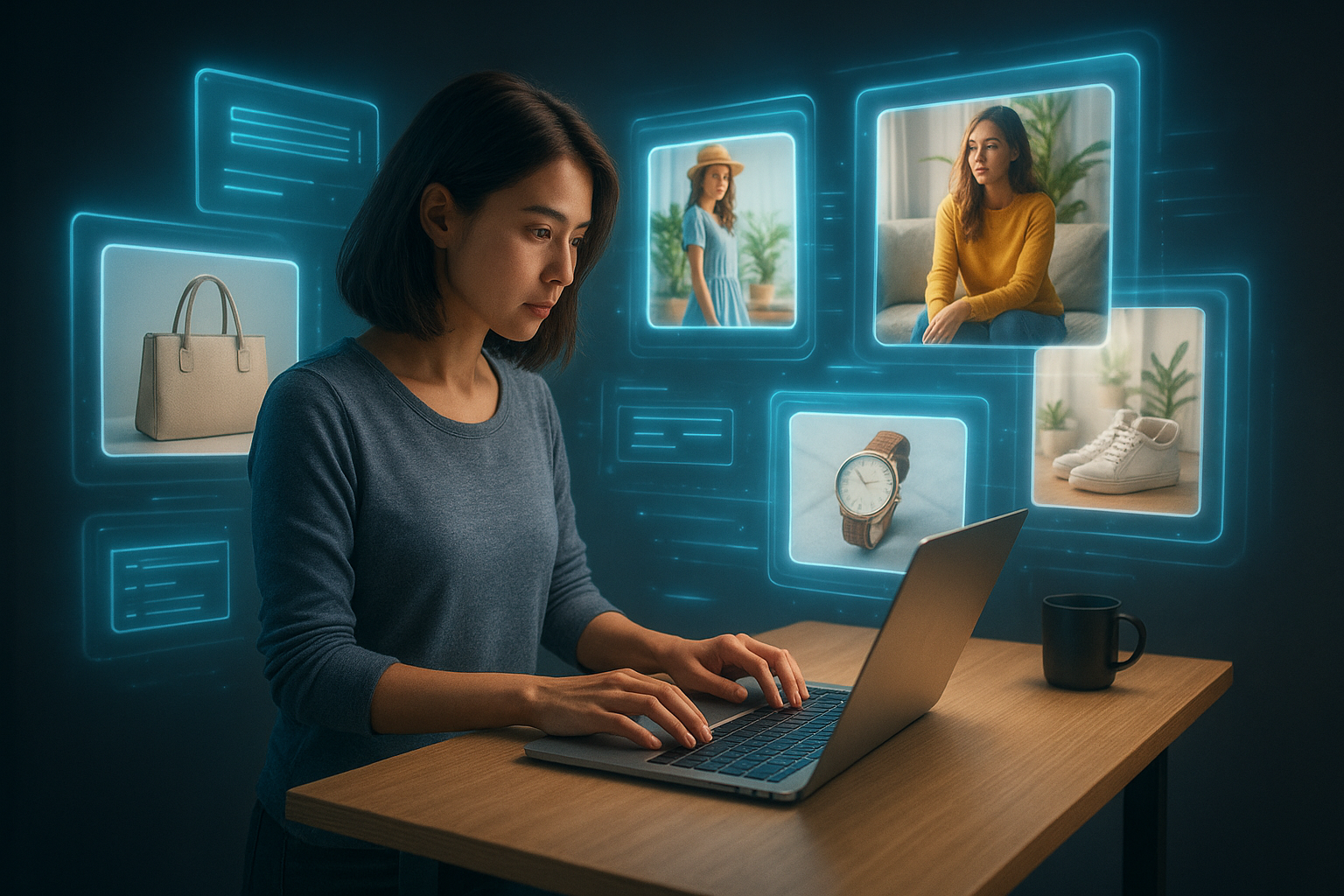 A busy online store owner at a minimalist standing desk, surrounded by floating product photos that rapidly transform from dull, flat images into vibrant lifestyle scenes with models and styled environments. Futuristic UI panels glow around them, evoking speed, automation, and AI assistance in a semi-realistic, soft cinematic lighting style.
