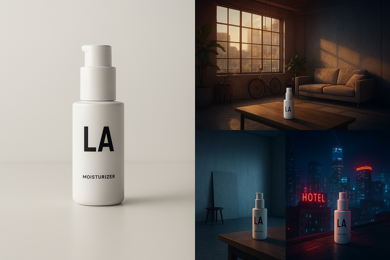 A cinematic, hyperreal image of a small LA brand’s product shoot transformed by AI: on the left, a simple white-background product photo on a desk; on the right, the same product appears in multiple lifestyle scenes—a sunny downtown loft, a minimalist studio, and a night-time neon city rooftop. Split-screen composition, rich colors, subtle cyberpunk-meets-commercial style lighting, highly detailed textures.