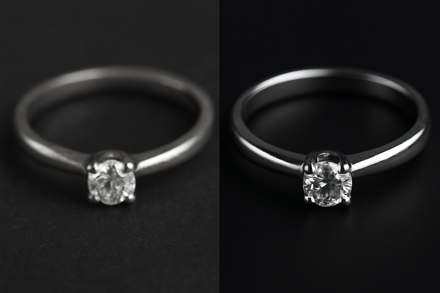 A close-up split-screen image of a silver ring with a small gemstone resting on a matte black surface. On the left, the ring appears slightly blurry, noisy, and low resolution; edges of the gemstone and band look soft. On the right, the same ring is ultra-sharp and upscaled, with crisp reflections, visible micro-scratches, and a clean, noise-free background, shot in a dramatic studio lighting style.