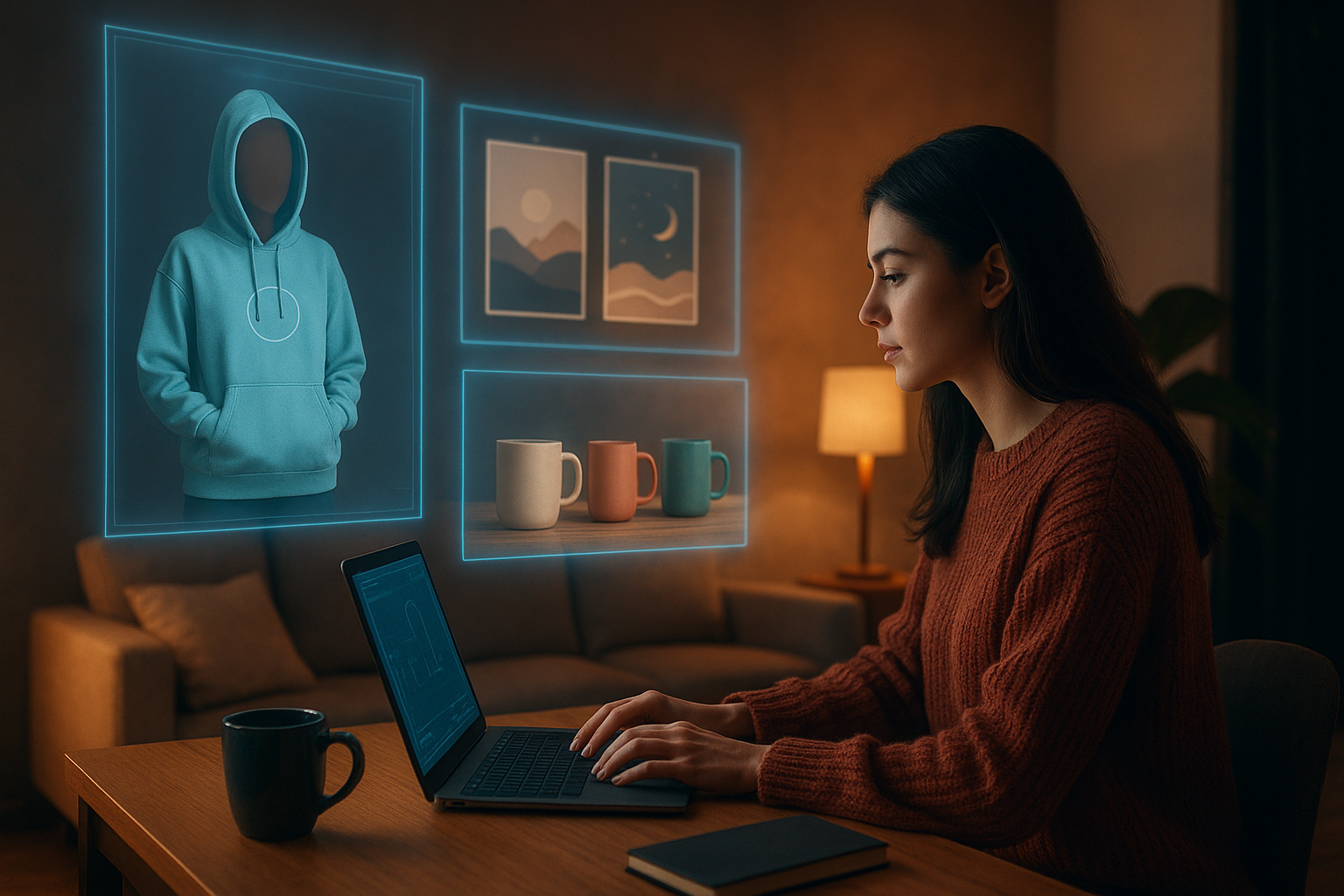 A cozy yet modern home studio where a print-on-demand seller is surrounded by AI-generated mockups: hoodies on virtual models, posters above a sofa, mugs on a wooden table, all shown on floating holographic screens. Warm ambient lighting, soft depth of field, semi-realistic cinematic style with subtle neon accents and detailed textiles, conveying creativity and productivity.