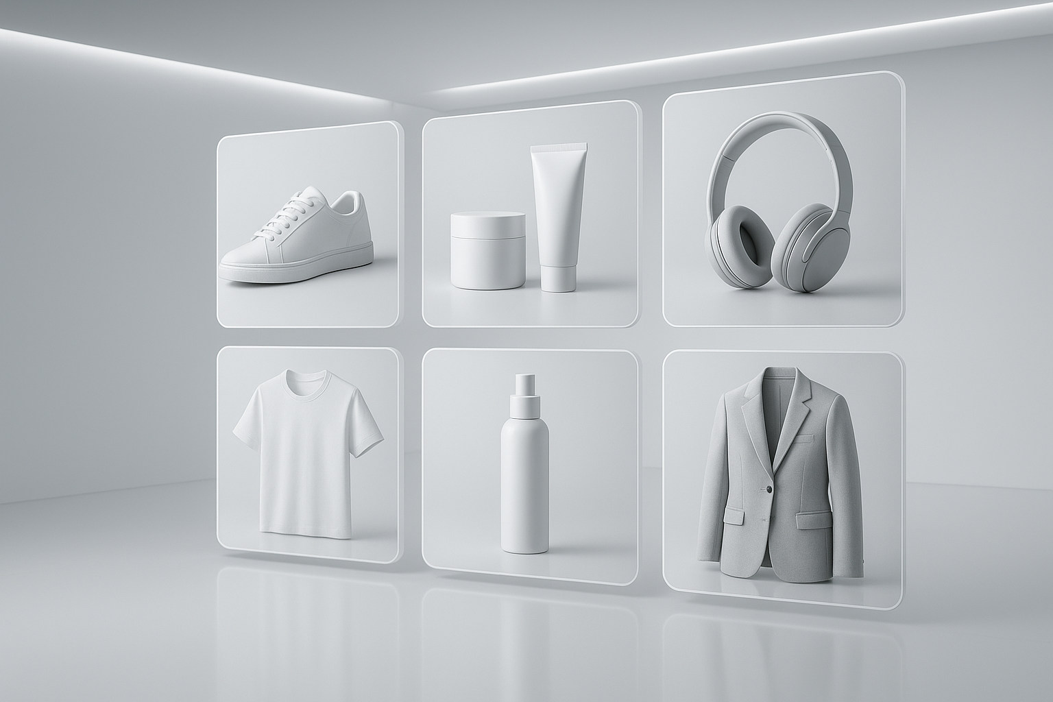 A futuristic minimalist studio with a grid of product photos displayed on floating panels: shoes, cosmetics, headphones, and clothing. Each panel shows matching angles and lighting, aligned perfectly like a design system. Soft white light, subtle reflections on the floor, hyperrealistic, inspired by premium editorial photography.