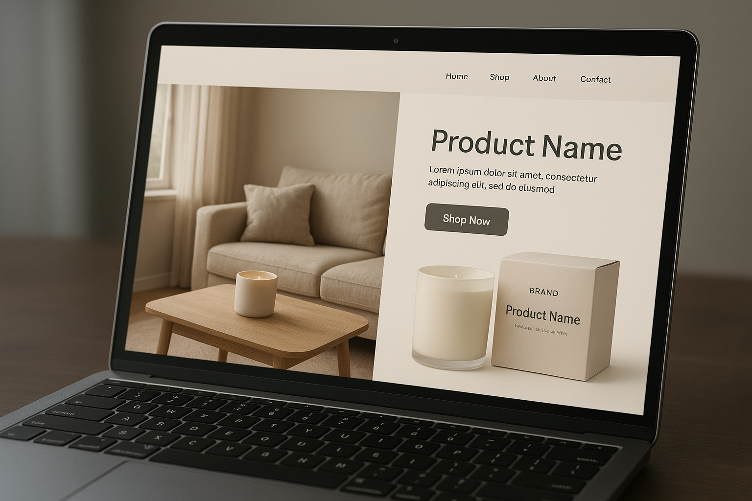A high-conversion ecommerce landing page mockup on a laptop screen, showing a product hero banner with a lifestyle scene on the left a cozy living room with soft natural light, a product placed on a wooden table and a clean product packshot on the right. Modern, minimal UI, muted colors, shallow depth of field, cinematic, hyperrealistic lighting.