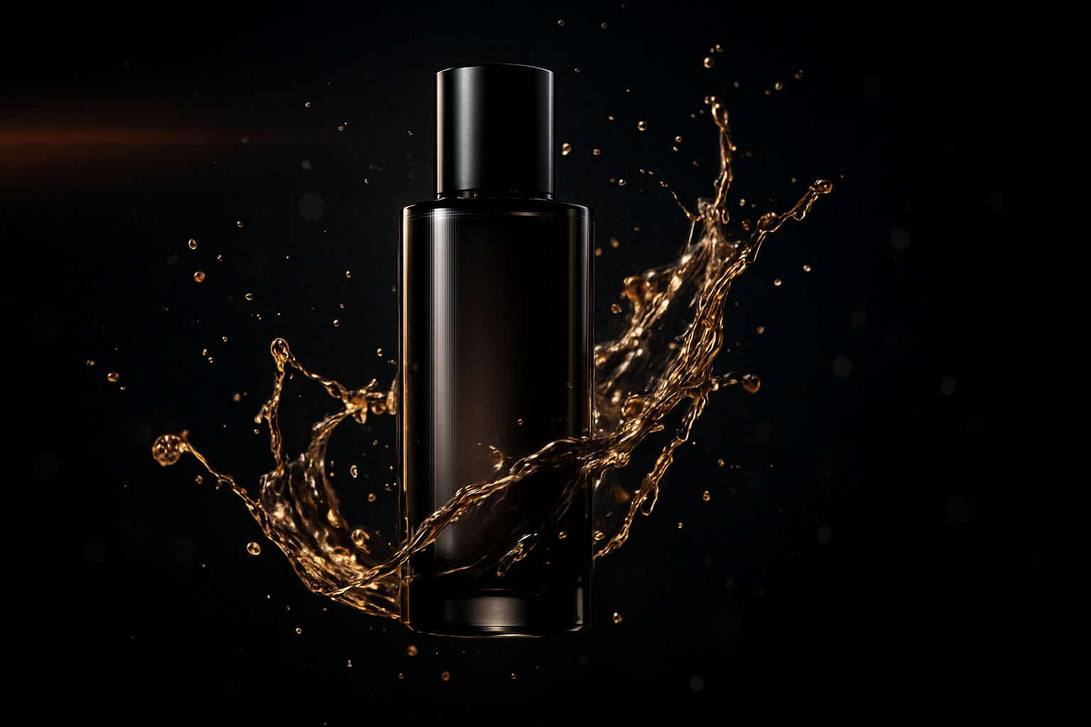 A hyperrealistic close-up of a sleek cosmetic bottle suspended in mid-air, captured in ultra slow motion as shimmering liquid splashes and wraps around it. Dark studio background with a single dramatic rim light, bokeh particles floating, anamorphic cinematic flare, 16:9 widescreen composition, inspired by high-end product commercial cinematography.