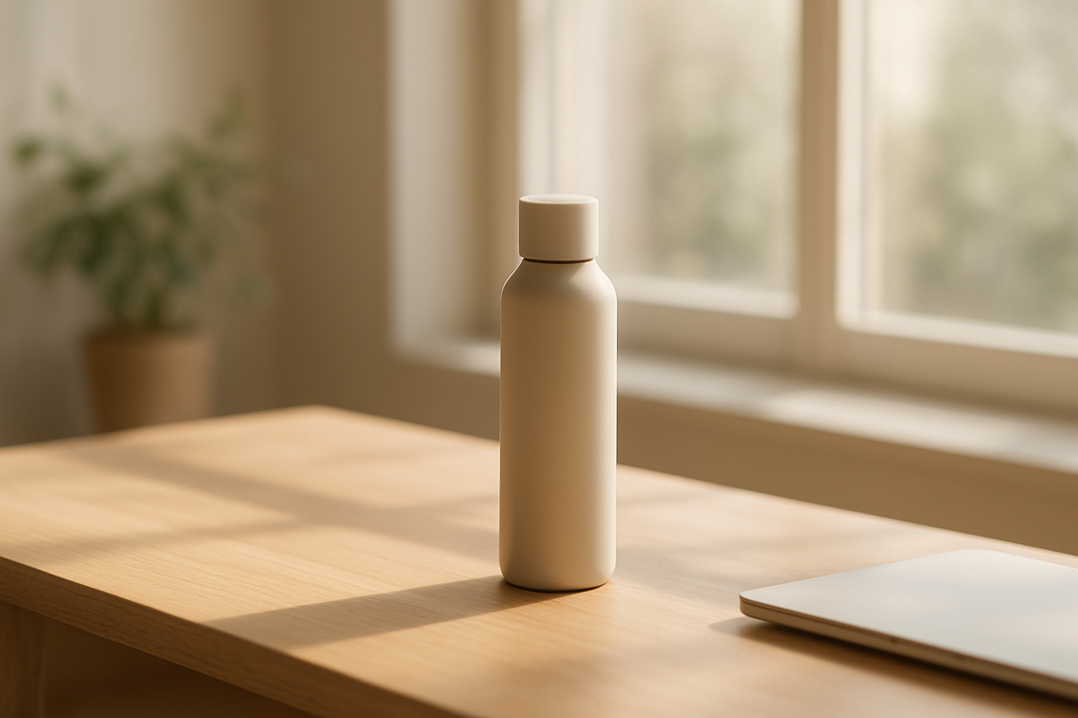 A hyperrealistic lifestyle scene of a minimalist wooden desk by a sunlit window, with a single sleek product like a bottle or gadget placed perfectly on the surface. Soft shadows, warm natural light, blurred plants in the background, and a subtle top-down photography style create a serene, aspirational ecommerce-ready image.