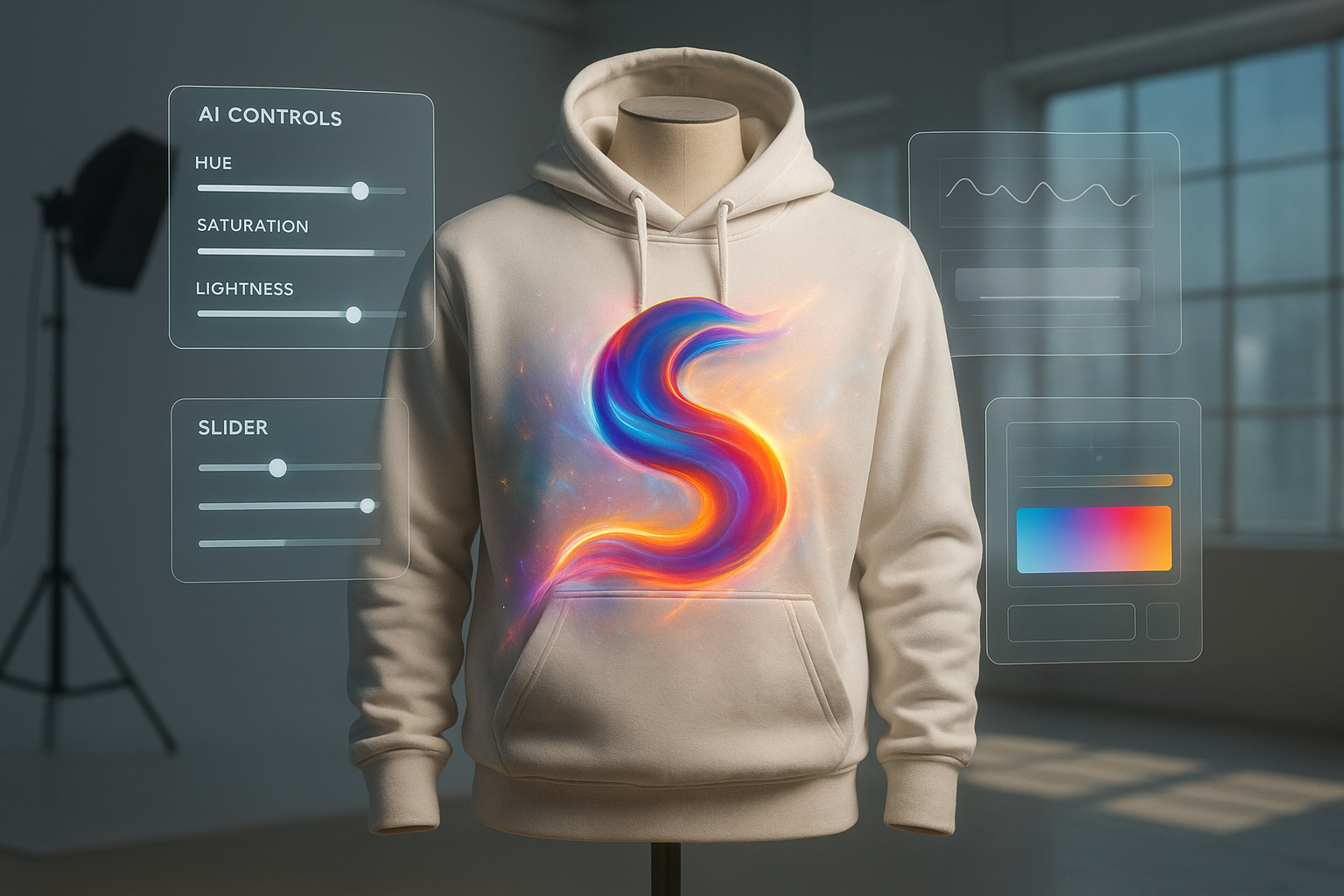 A hyperrealistic scene in a daylight photo studio: a plain white hoodie on a mannequin, with a vibrant abstract logo slowly materializing and wrapping around the fabric folds like liquid light. Floating UI panels show sliders and AI controls hovering in the air, blending the worlds of fashion design and futuristic technology, soft shadows, cinematic color grading.