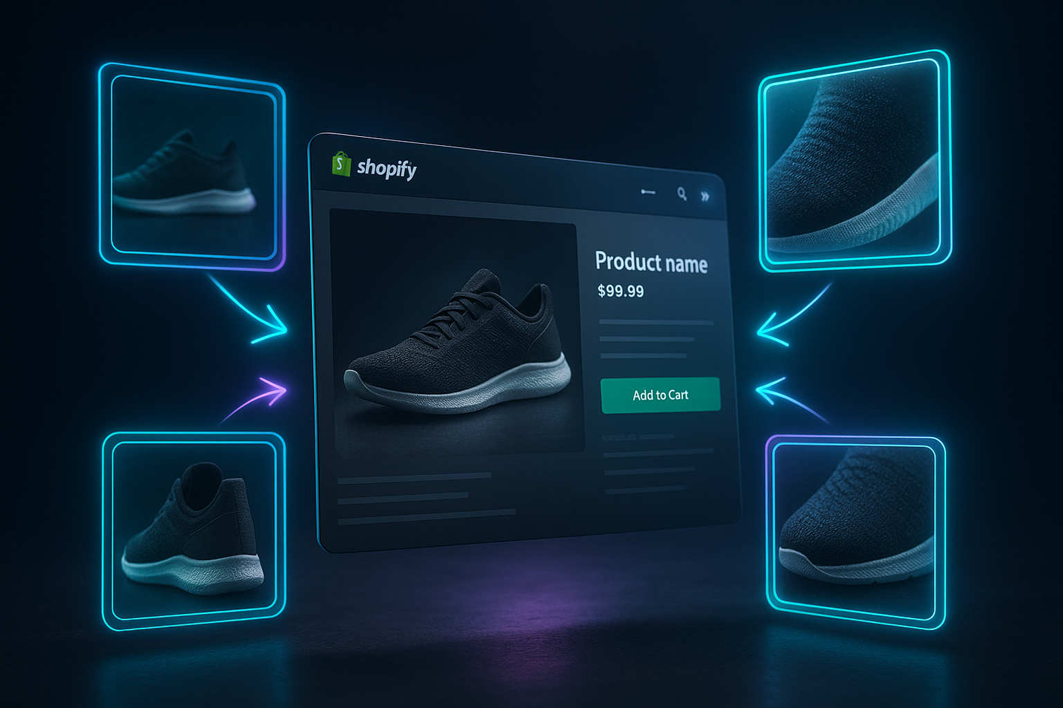 A hyperrealistic scene of a Shopify product page floating in mid-air inside a dark studio, surrounded by multiple holographic product images showing different angles and close-ups. Soft neon accents in teal and purple highlight arrows between angles, symbolizing conversion optimization. Cinematic lighting, shallow depth of field, 3D render style, ultra detailed reflections and textures.