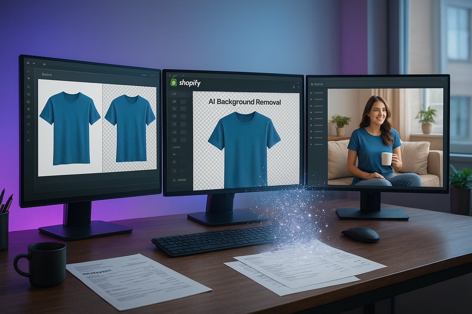 A hyperrealistic scene of a workstation where a Shopify store owner manages product photos. Multiple monitors display before-and-after product images, AI tools auto-removing backgrounds, and lifestyle scenes generating in real time. Soft neon accents blend with natural daylight, piles of printed invoices dissolve into digital particles, symbolizing reduced costs and automation.