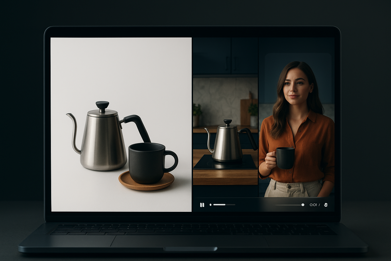 A hyperrealistic split composition showing a boring flat-lay product photo transforming into multiple vivid lifestyle scenes on a computer screen. The left side shows a dull white background image, the right side shows the same product in a stylish kitchen, on a model, and in a social media video frame. Moody studio lighting, modern UI overlays, 3D depth, cinematic color grading.