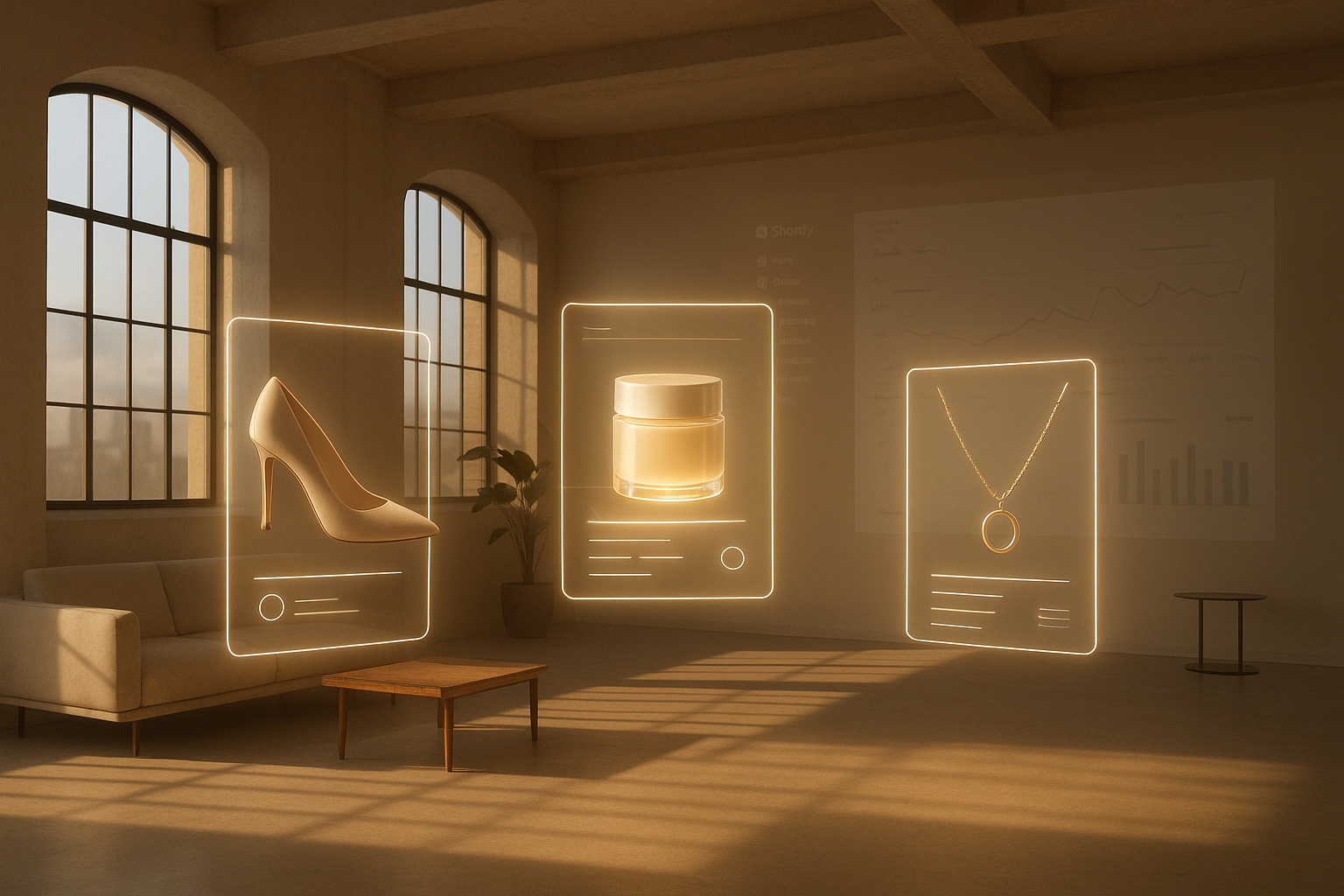 A minimalist, high-end Barcelona loft interior transformed into a hybrid AI studio scene: floating product images shoes, cosmetics, jewelry being automatically enhanced by glowing geometric interfaces, with a Shopify admin screen subtly projected in the background, warm Mediterranean light pouring through large windows, hyperreal, cinematic, soft shadows, futuristic yet inviting.