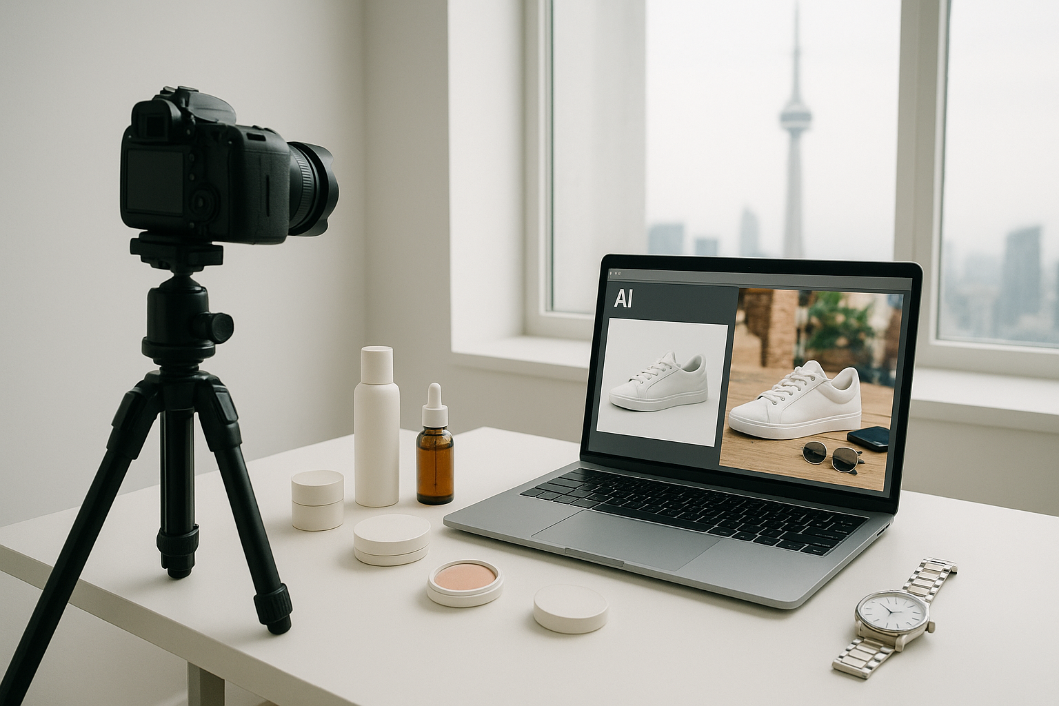A minimalist, hyperrealistic Toronto studio scene seen from above: neatly arranged products cosmetics, sneakers, a watch on a white table, a DSLR camera on a tripod, a laptop screen showing an AI editing interface transforming a plain product photo into a vibrant lifestyle scene, CN Tower faintly visible through a large window, soft daylight, clean design aesthetic.