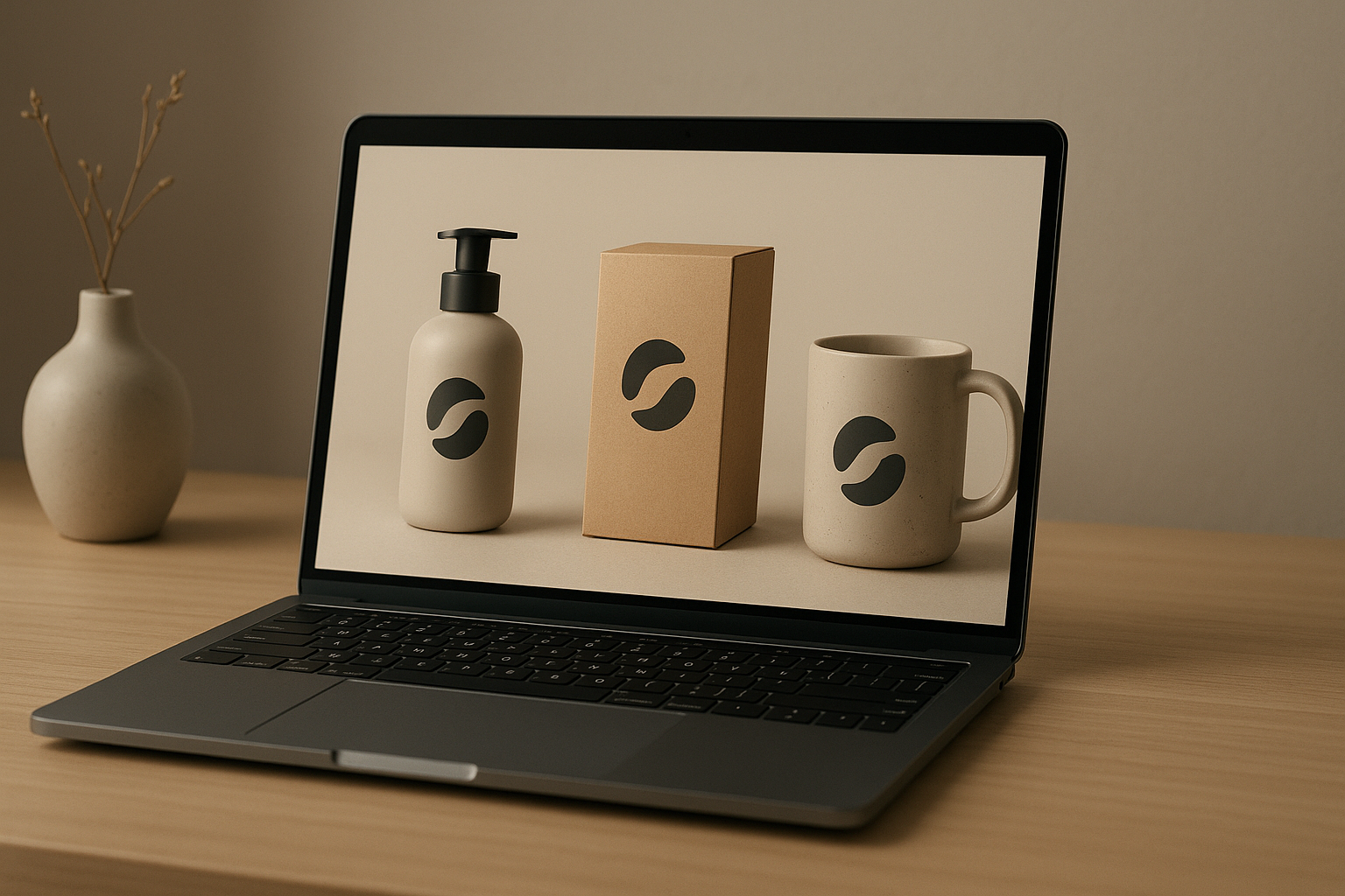 A minimalist studio desk scene with a designer’s laptop showing multiple product mockups updating in real time: a matte skincare bottle, a kraft paper box, and a ceramic mug, each featuring the same abstract logo. Soft natural lighting, muted beige and charcoal palette, shallow depth of field, cinematic, hyperrealistic render.