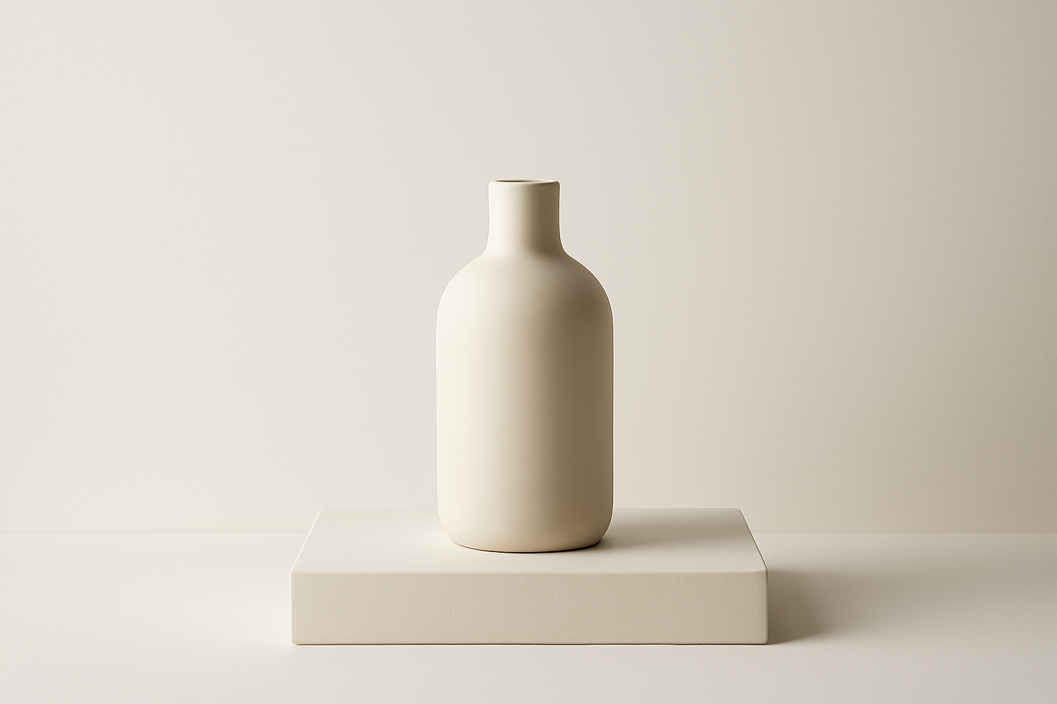A minimalist studio scene featuring a single matte ceramic bottle placed on a low rectangular pedestal. The background is pure off-white with a gentle gradient, soft side lighting creates a subtle shadow behind the bottle. The style is ultra-realistic, clean lines, plenty of negative space, echoing luxury skincare or fragrance branding.