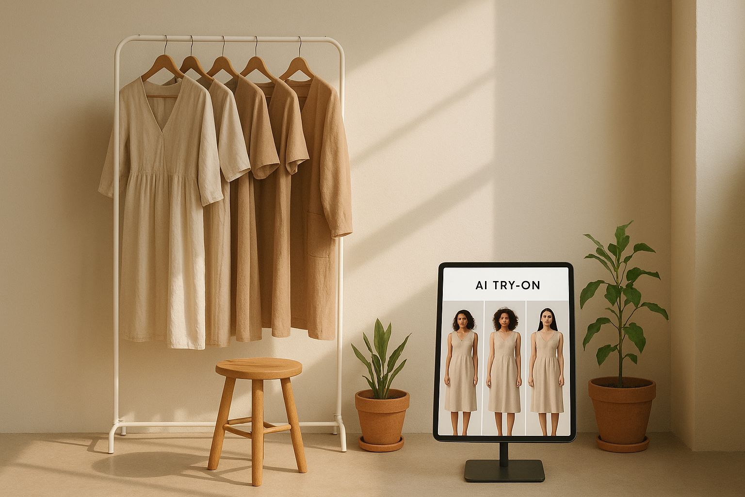 A minimalist, sunlit studio interior with a clothing rack of neutral-toned garments, a wooden stool, plants in terracotta pots, and a tablet on a stand displaying an AI try-on interface showing different diverse models wearing the same dress. Soft shadows, warm tones, and a calm, editorial aesthetic emphasizing sustainable fashion and technology.