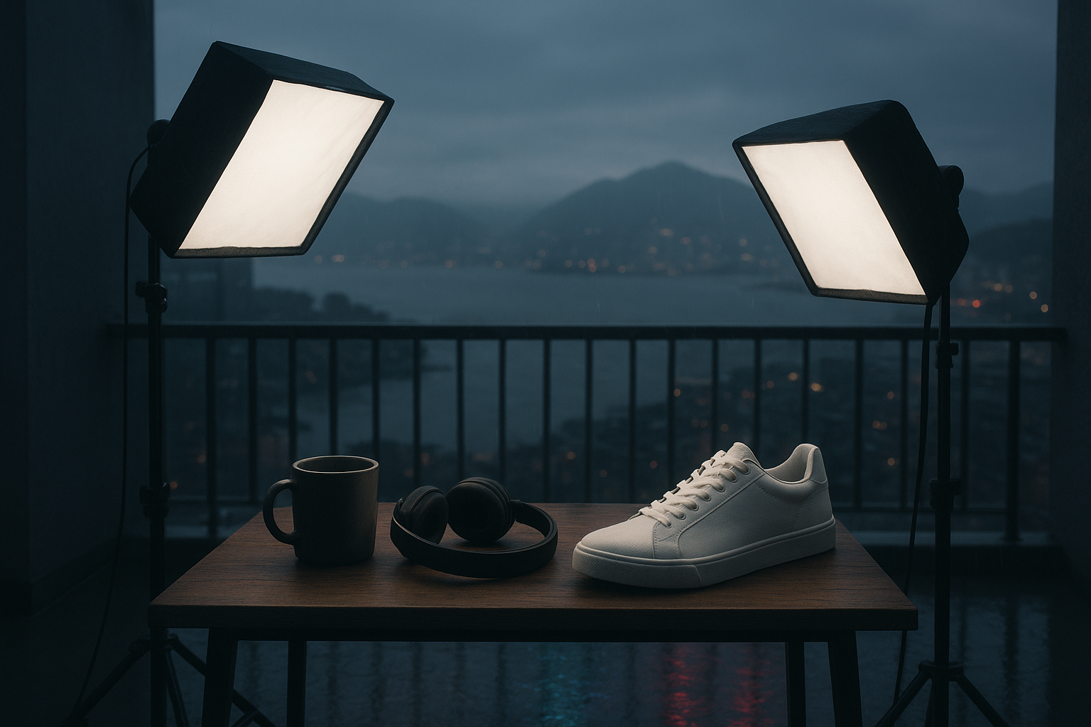 A moody, hyperrealistic scene of a small product photography setup on a balcony overlooking a rainy coastal city with distant mountains. A mug, headphones, and a pair of sneakers are lit by soft-box lights on a wooden table, while neon reflections from the city paint subtle colors on the wet floor. Misty air, cinematic depth of field, modern minimalist style.