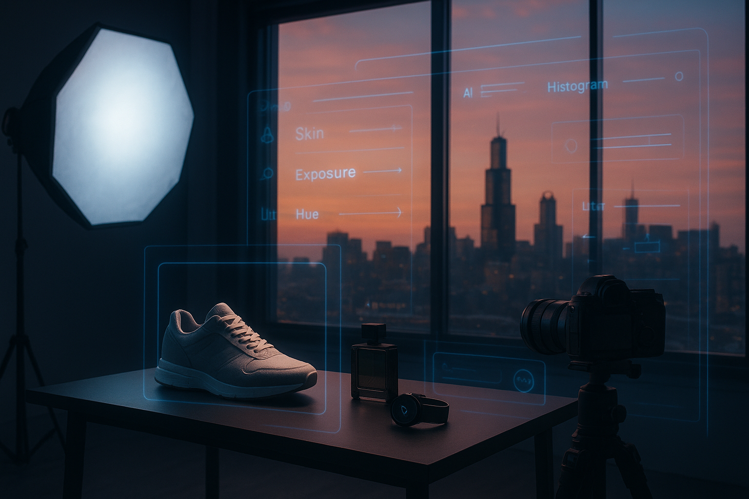 A moody, hyperrealistic shot of a minimalist photography studio set up in a high-rise overlooking the Chicago skyline at sunset. A table in the center displays a pair of sneakers, a perfume bottle, and a smartwatch, all surrounded by holographic UI elements suggesting AI editing controls. Soft neon reflections bounce off glass, blending real gear with futuristic AI interfaces.