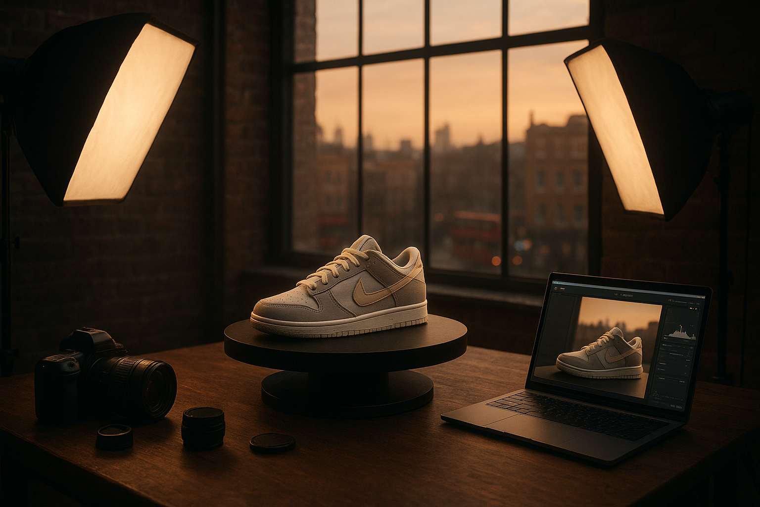 A moody yet polished product photography scene set in a London loft studio at golden hour. A large window reveals a soft-focus city skyline with hints of red buses and brick buildings. In the foreground, a rotating platform displays a high-end sneaker, surrounded by softbox lights, a laptop showing an editing interface, and scattered camera gear. Cinematic lighting, hyperrealistic detail, subtle depth of field, editorial style.