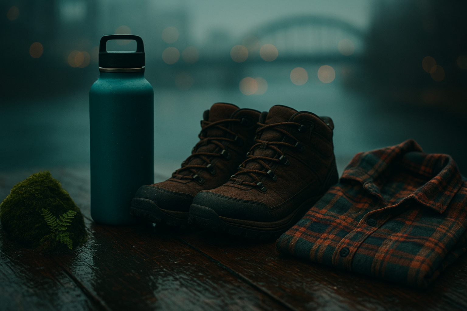 A moody yet vibrant product flat-lay scene styled in a Portland-inspired aesthetic: a reusable insulated bottle, a pair of hiking boots, and a flannel shirt arranged on a rain-damp wooden table, with a moss-covered rock and tiny fern in the corner, blurred city lights hinting at a bridge in the background, soft overcast daylight, cinematic depth of field, subtle teal and amber tones, hyperreal photo style