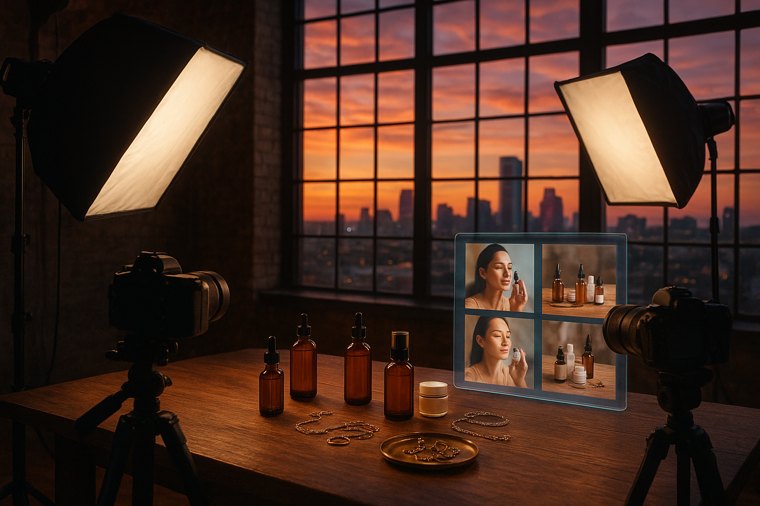A moody yet vibrant product photography scene set in an imaginary Austin loft studio at sunset, large windows revealing a colorful skyline, wooden table covered with small products like skincare bottles and jewelry, multiple cameras and softboxes aimed at them, and a holographic screen showing AI-generated lifestyle variations of the same product, cinematic lighting, ultra-detailed, hyperrealistic style.