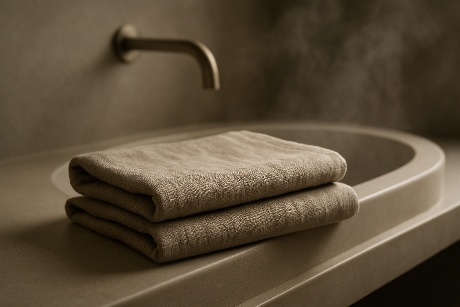 A pair of neatly folded textured linen towels, initially on a plain flat-lay, now seamlessly placed on the edge of a softly lit spa-style sink in a minimalist bathroom. Fine threads and weave clearly visible, steam in the background, neutral tones, cinematic lighting, hyperrealistic product photography style.
