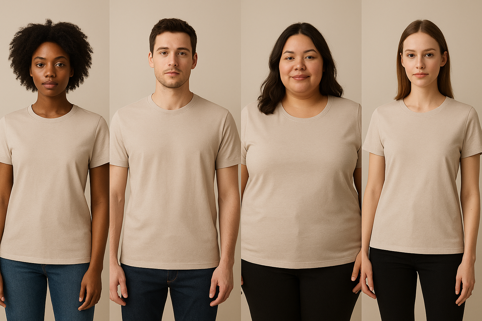 A series of four AI models standing in a soft-lit studio, each wearing the same shirt originally photographed as a flat lay. Models vary in skin tone, body type, and style, with subtle posing differences. The background is minimalist beige with gentle gradients, hyperrealistic textures, and crisp fabric details, evoking modern ecommerce lookbook photography.