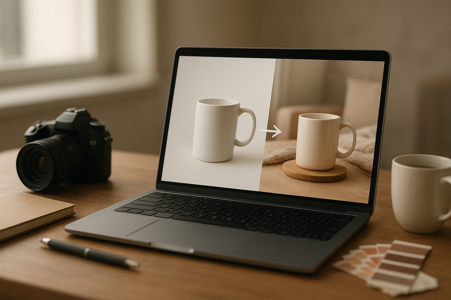 A sleek ecommerce workspace scene showing a laptop screen where a plain white product photo is being transformed into a warm lifestyle scene in real time. On the desk: camera, notebook, coffee, and color swatches. Soft daylight, shallow depth of field, cinematic hyperreal style, subtle bokeh, muted warm palette, modern and minimal aesthetic.
