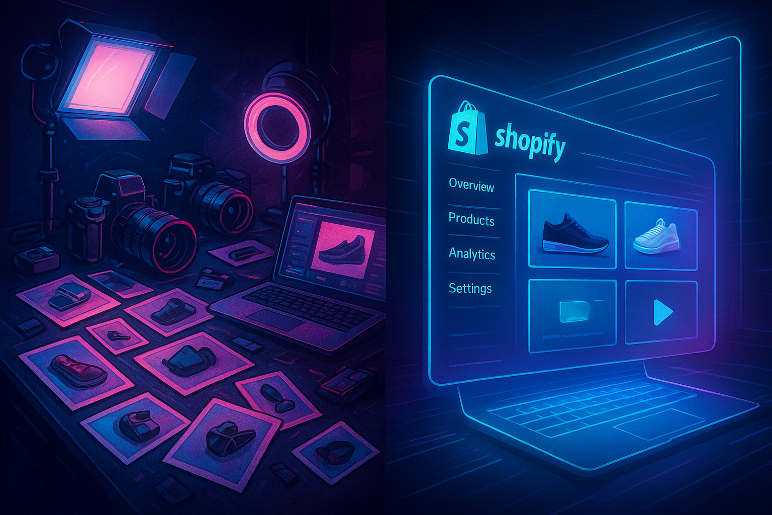 A split-screen cyberpunk-style illustration of a chaotic desk piled with cameras, lights, and scattered product photos on one side, contrasted with a sleek holographic Shopify dashboard automatically generating polished lifestyle images and videos on the other. Neon accents, subtle motion blur, and isometric perspective highlighting the transformation from manual work to AI automation.