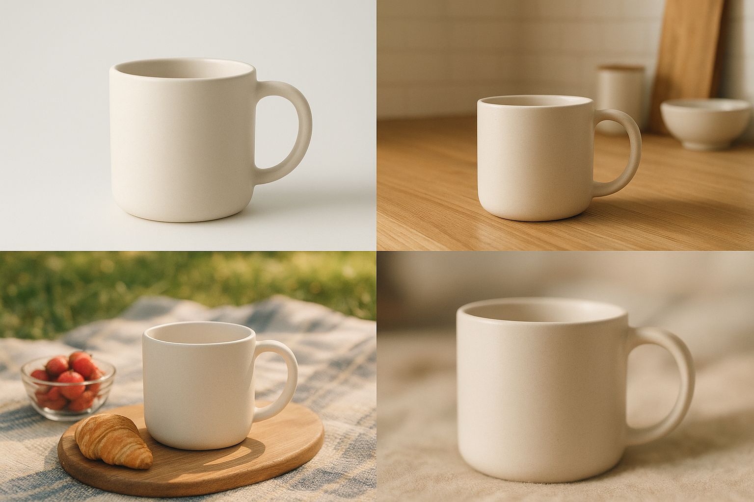 A split-screen scene showing a single product like a minimalist ceramic mug transformed into four distinct AI-generated product photos: one clean studio shot, one cozy lifestyle kitchen scene, one outdoor picnic setup, and one social-media-style UGC shot with soft blur. High-resolution, modern, slightly cinematic color grading, emphasizing variety and consistency across versions.