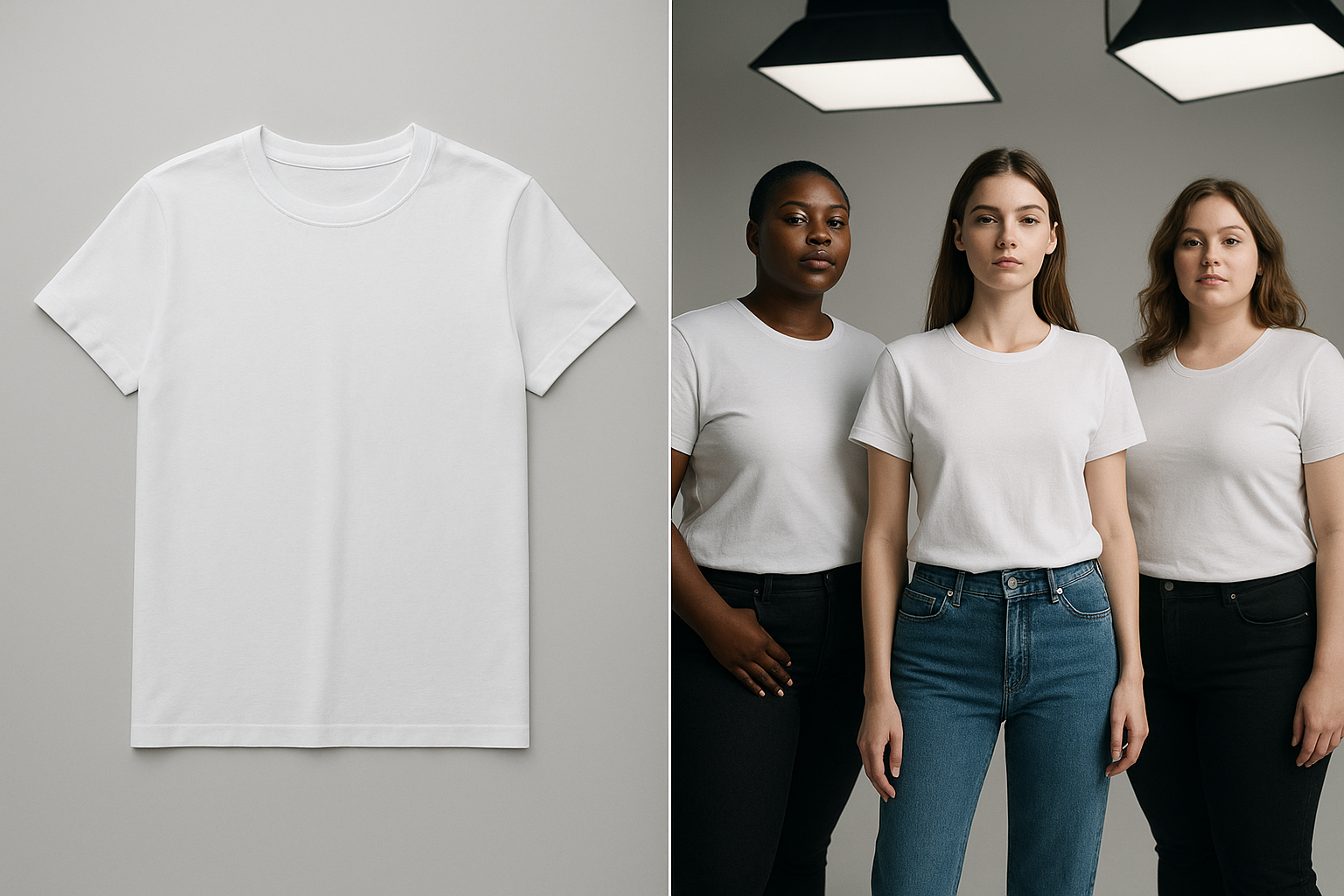 A studio-like fashion shoot with AI-generated models of diverse body types wearing the same minimalist t‑shirt, standing under soft box lights. The scene shows a before/after split: on the left dull flat-lay product photos, on the right dynamic on-model images with precise fabric details and lifelike shadows, shot in a modern editorial style.