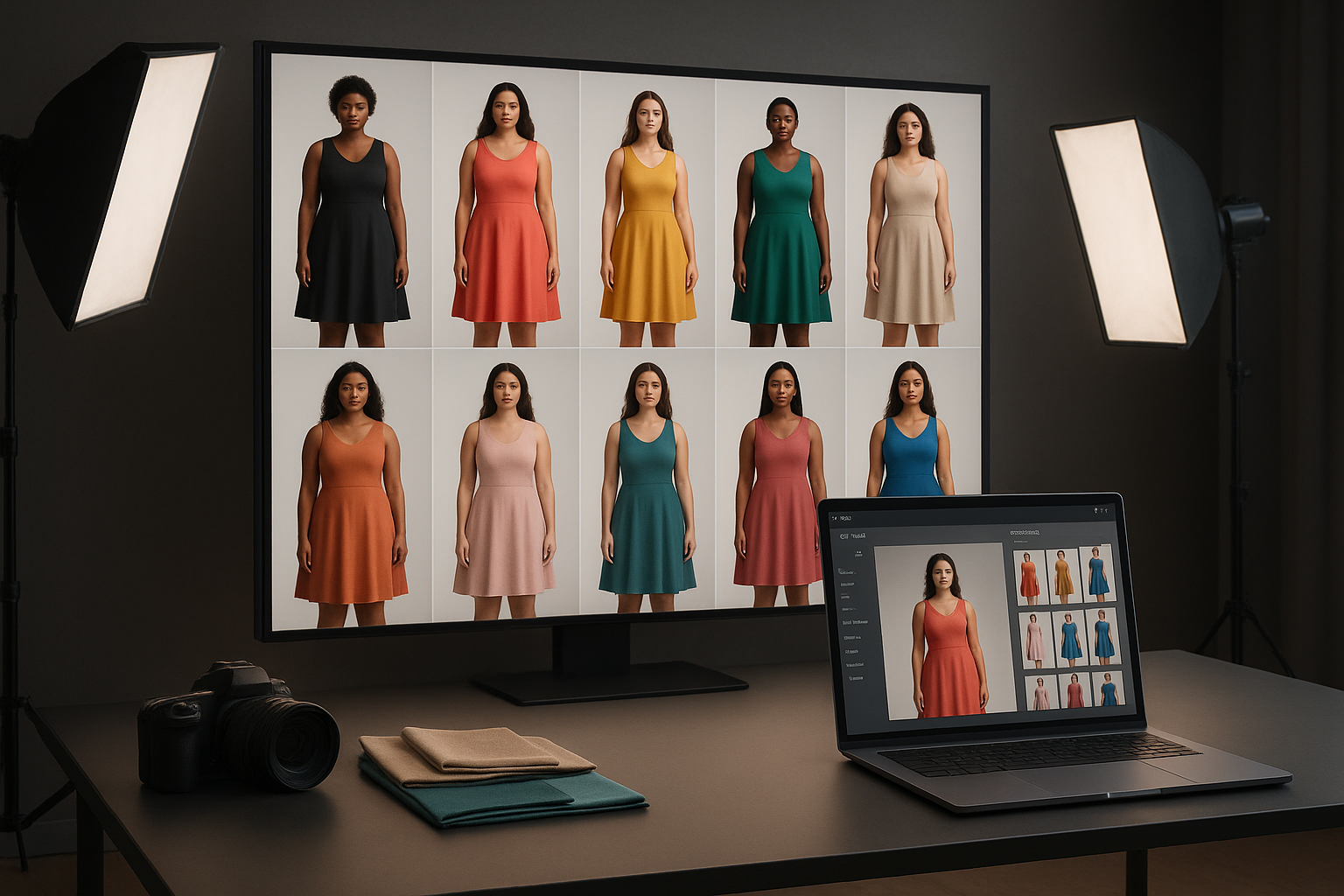 A stylish AI-generated fashion studio scene: a large digital display shows a grid of diverse virtual models wearing the same dress in different colors and body types. A laptop with an AI photo editor UI sits on a sleek desk with fabric swatches and a camera, softbox lights in the background, soft cinematic lighting, modern minimal aesthetic, ultra-detailed, hyperrealistic 3D render