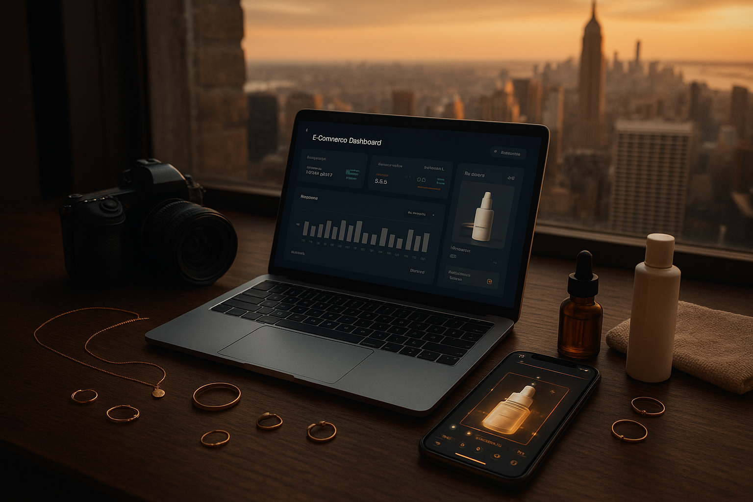 A stylish flat-lay scene shot from above on a dark wooden table, featuring a camera, a laptop open to an e-commerce dashboard, scattered jewelry and skincare products, and a smartphone showing a product photo being edited with glowing AI interface elements. Outside the window, a soft-focus New York skyline at golden hour, cinematic lighting, hyperrealistic detail, moody color grading