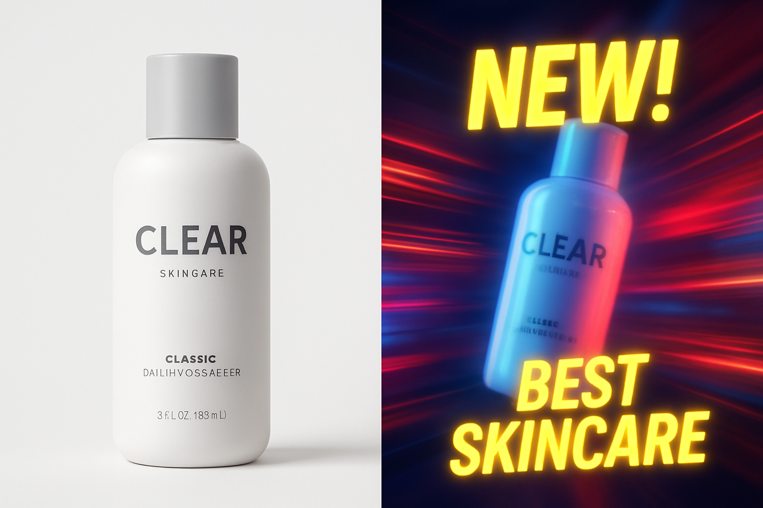 A vertical split-screen hyperrealistic image: on the left, a dull static product photo on a plain white background; on the right, the same product inside a dynamic short video scene with motion blur, glowing light trails, and bold social-media style text overlays. Neon accents, shallow depth of field, cinematic lighting, modern digital-art aesthetic.