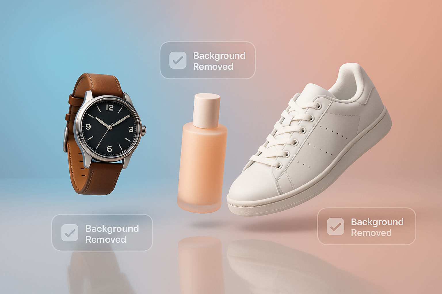 A vibrant, hyperrealistic product photography scene: several ecommerce items a watch, shoes, skincare bottle float above a reflective surface, each casting a soft shadow on clean pastel backgrounds. A subtle UI overlay shows "Background Removed" badges, symbolizing batch editing. Rendered in a sleek, futuristic, soft‑light studio style with depth of field.