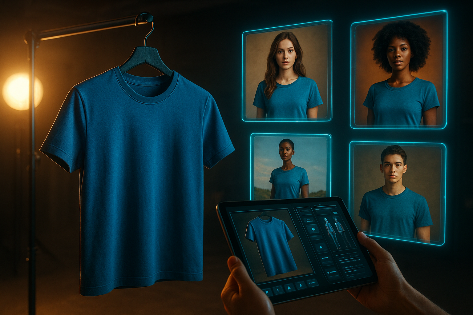 A vivid, hyperrealistic scene inside a virtual photo studio: a clothing item on a hanger in the foreground seamlessly transforms into multiple images of diverse AI models wearing it. Floating holographic panels show different poses, body types, and backgrounds, all controlled from a sleek tablet interface. Cinematic lighting, warm tones, ultra-detailed textures, slightly futuristic art-style.