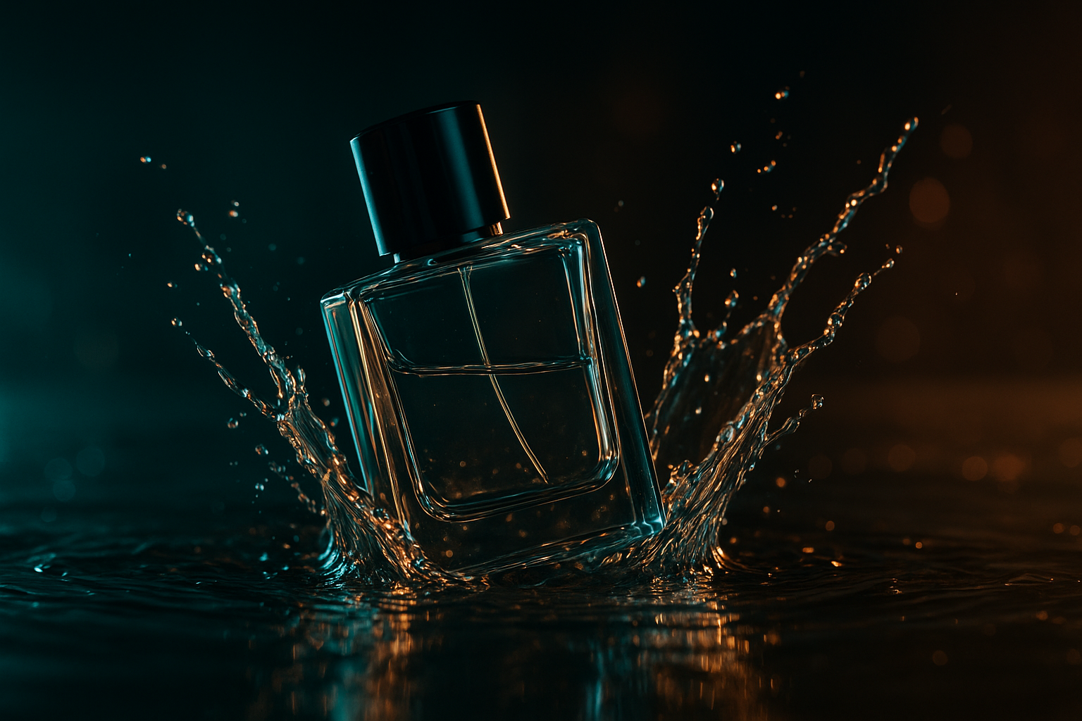 Hyperreal cinematic scene of a minimalist perfume bottle falling in ultra slow motion into a shallow pool of shimmering liquid, shot at a dramatic low angle. On impact, liquid splashes upward in sculpted arcs, illuminated by moody side lighting in teal and amber hues. Ultra-detailed, glossy reflections and soft bokeh lights in the background, inspired by high-end product cinematography.