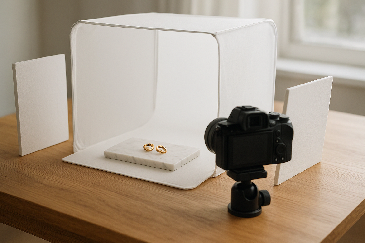 Hyperrealistic close-up of a small home studio jewelry photography setup on a wooden table: a light tent with a white sweep background, a pair of gold earrings on a marble slab, side reflectors made of foam board, and a mirrorless camera on a tripod. Soft daylight from a window, airy minimalist aesthetic, shallow depth of field.