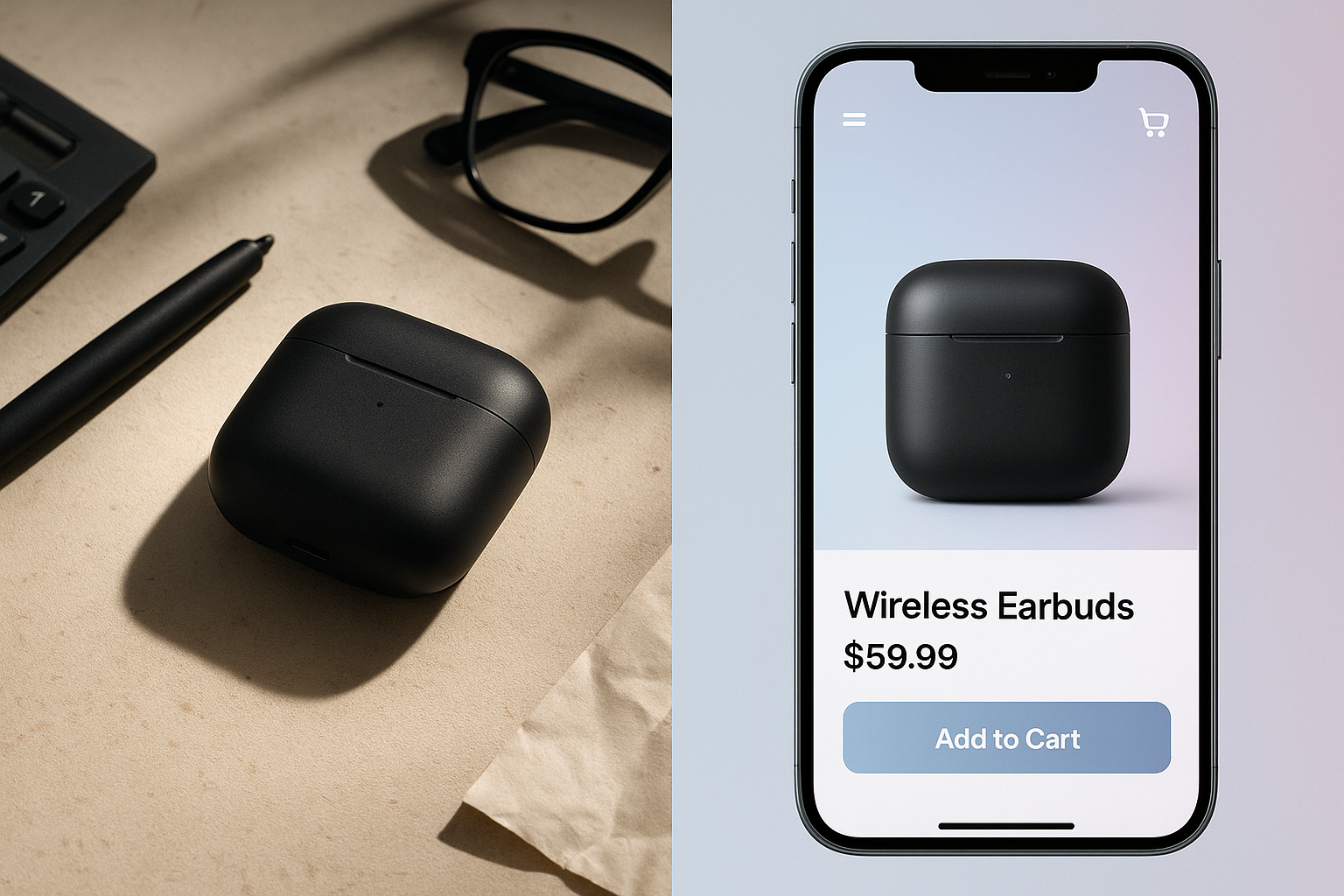 Hyperrealistic close-up of an online store product image transformation: on the left, a cluttered tabletop shot with harsh shadows and random objects; on the right, the same product isolated on a clean, softly lit background on a smartphone screen. Split-screen composition, modern UI overlays, cool pastel gradient, sharp details, cinematic lighting, minimalistic design.