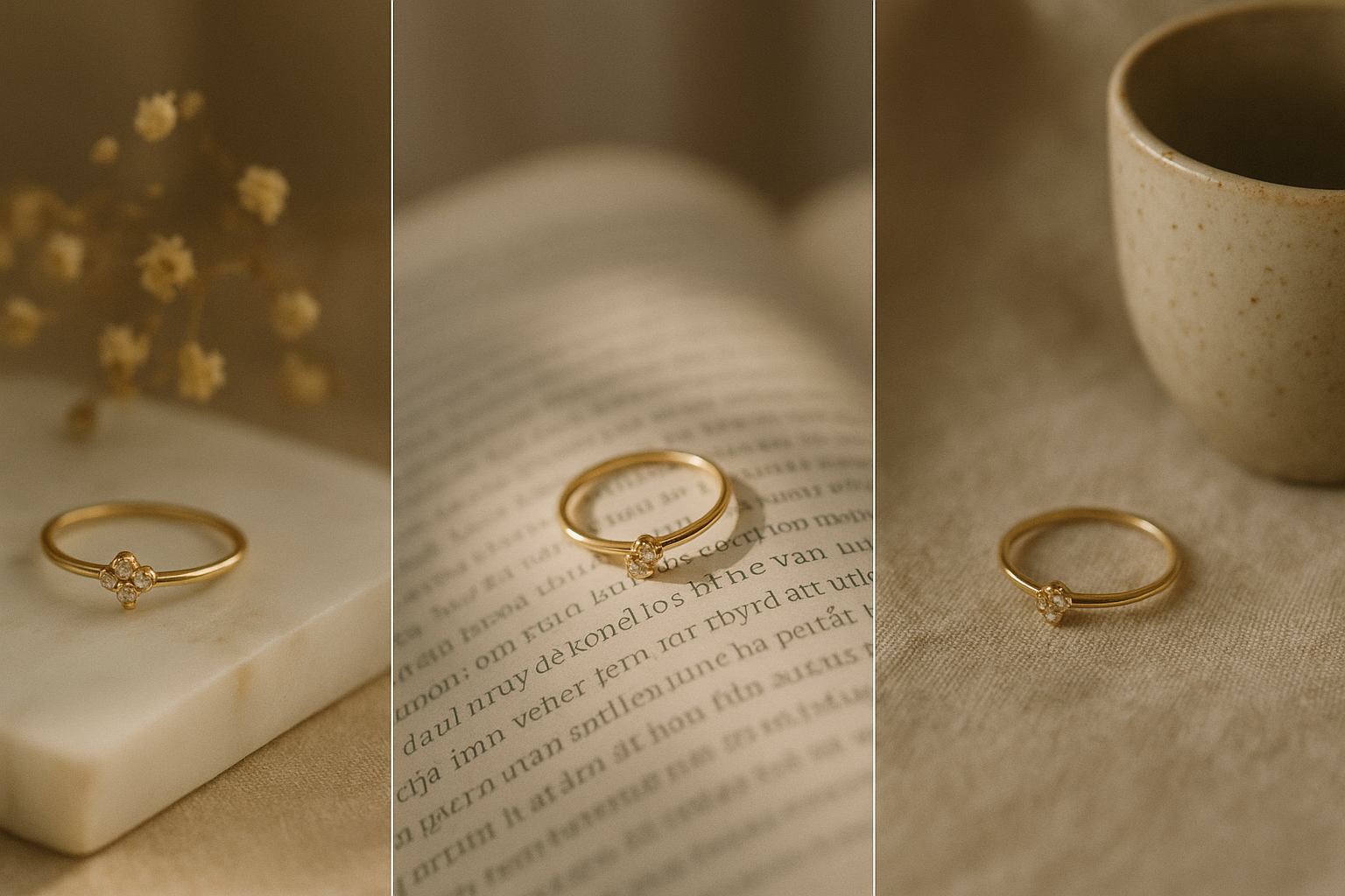 Hyperrealistic close-up shot of a delicate gold ring styled in three mini-scenes within one frame: on a marble slab with dried flowers, on an open book with soft window light, and on a linen cloth beside a ceramic cup. Warm, natural lighting, shallow depth of field, subtle grain, cinematic composition, reminiscent of editorial jewelry photography.